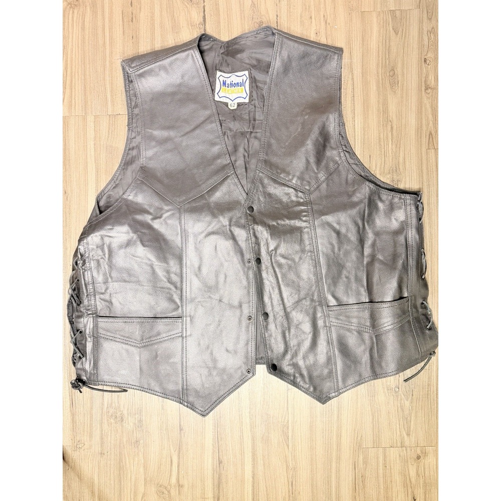 Vintage National Leather Biker Vest Size 62 Metallic Grey Side Lace Motorcycle